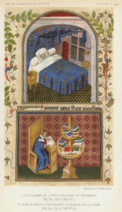 Guillaume De Lorris slapend en dromend, Jean De Meun vervolgt het Roman De La Rose (kleur litho) door French School
