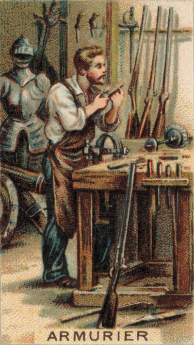 Geweermaker aan het werk in zijn werkplaats (chromolitho) door French School