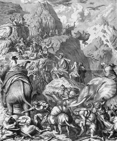 Hannibal steekt de Alpen over met olifanten om in Italië aan te komen (II Punische Oorlog). Gravure uit de 19e eeuw door French School