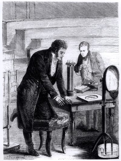 Hans Christian Oersted (1777-1851) ontdekt de afwijking van de magnetische naald door gesloten stroom in 1820, uit Les Merveilles de la Science door Louis Figuier (1819-94), 1867 door French School