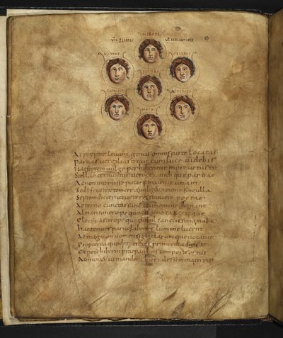 Illustratie van de gezichten van de Pleiaden, zeven zusters die in de hemel als sterren leefden, met hun namen eromheen geschreven, uit 