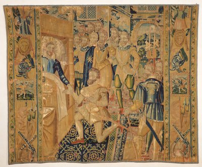 Henri III (1551-89) de Valois geeft de insignes van macht aan Henri III (1553-1610) de Bourbon door French School