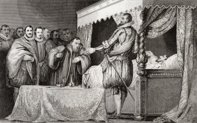 Hendrik III (1551-89) benoemt Bearnais (1553-1610) als zijn opvolger, uit 