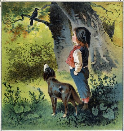 Henri observeert een merel op een tak in het bos en denkt na over zijn leven als hij een vogel was. Chromolithografie uit 