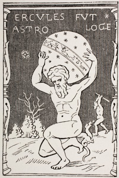 Hercules die de wereld op zijn rug houdt terwijl Atlas de appels van Hesperides verzamelt, uit 