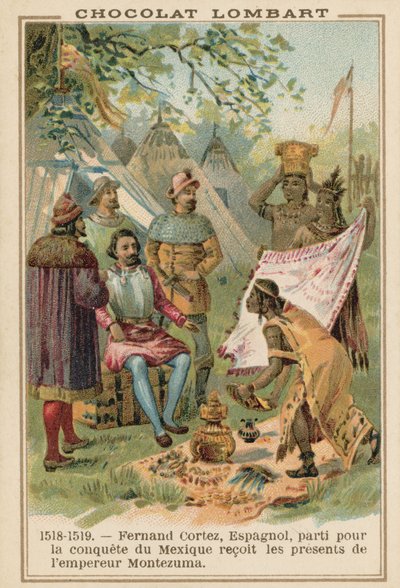Hernan Cortes ontvangt geschenken van de Azteekse keizer Montezuma, Mexico, 1518-1519 door French School