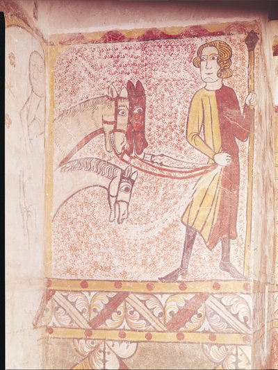 Ruiter die de teugels van drie paarden vasthoudt, van de noordmuur, ca.1265 door French School