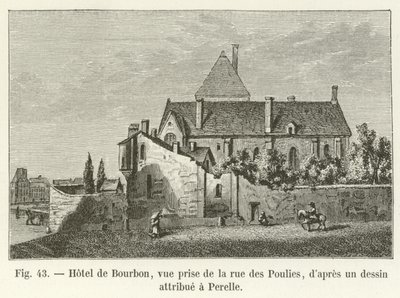 Hotel de Bourbon, gezien vanaf de rue des Poulies, naar een tekening toegeschreven aan Perelle door French School