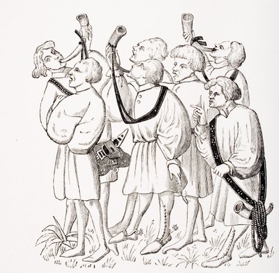 Hoe te schreeuwen en hoorns te blazen, naar een miniatuur in het 15e-eeuwse manuscript van Phoebus, uit 
