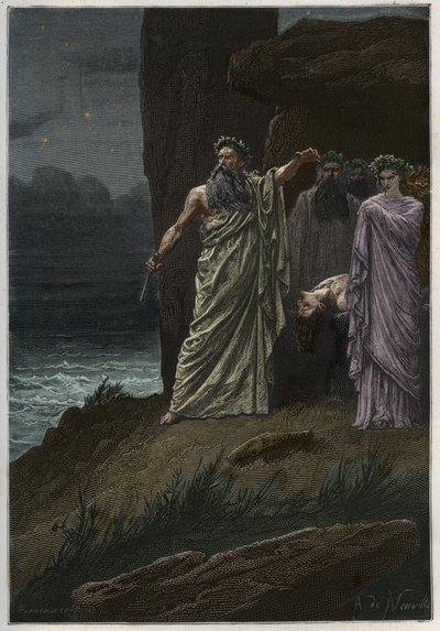Menselijke offerande door de druïde na Alphonse de Neuville - Druïden die menselijke offers brengen - gravure uit 