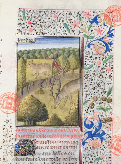 Jager die zich achter een lokaas verbergt tijdens het jagen op een hert, uit het Livre de la Chasse door Gaston Phebus de Foix (1331-91) door French School