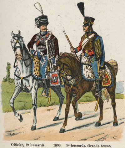 Huzaren 1e vendemiaire An XII (24 september 1803): Officier, 2e huzaren en 9e huzaren in grote kledij in 1806. Plaat uit het boek Les Uniforms de l
