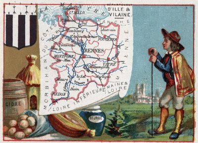 Ille-et-Vilaine, Bretagne, Frankrijk. Cider en boter. Serie over de Franse departementen. Chromolithografie "de geografische draad", circa 1920. Privécollectie door French School
