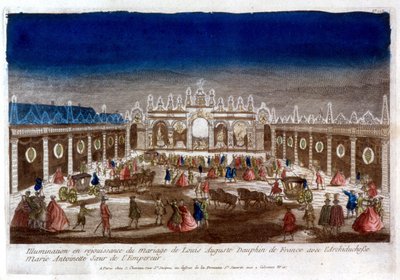 Verlichting ter viering van het huwelijk van Louis Auguste, dauphin van Frankrijk (Lodewijk XVI), met Aartshertogin Marie Antoinette, zus van de Keizer - gravure door French School