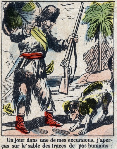 Illustratie voor het boek van Daniel Defoe Robinson Crusoe. Epinal afbeelding eind 19e eeuw door French School