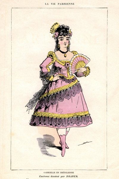 Illustratie van "La Vie Parisienne", toneelstuk en opera (opera-spijs) van Jacques Offenbach op een libretto van Ludovic Halevy en Henri (Henry) Meilhac, boekuitgave door Boekhandel Illustree 1875 - Gabrielle in Bresilienne: kostuum getekend door Draner (1 door French School