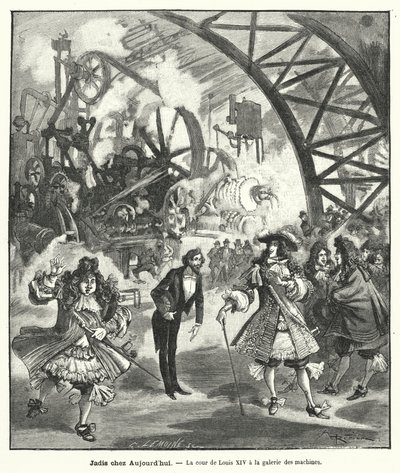 Verbeelde bezoek van koning Lodewijk XIV en zijn hof aan het Paviljoen van Machines op de Exposition Universelle in Parijs in 1889 door French School