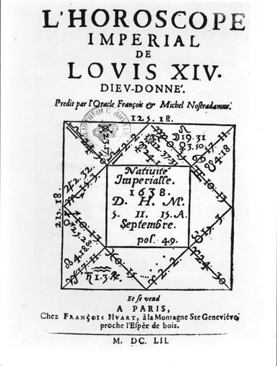 Keizerlijk horoscoop van Lodewijk XIV (1638-1715) door Michel Nostradamus (1503-66) gepubliceerd door Francois Huart in Parijs 1652 door French School