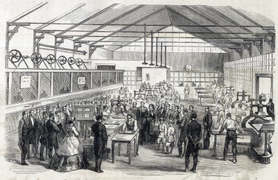 Keizerin Eugenie en de Keizerlijke Prins bezoeken de Banque de France, 23 juni 1866 - druk van bankbiljetten - gravure in Le MONDE Illustre DU 07/07/1866 door French School