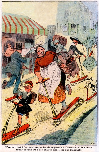 In de toekomst, met toenemende intensiteit en snelheid van het leven, zal iedereen naar zijn werk gaan op een scooter. 1919 (gravure) door French School