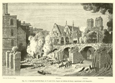 Brand van de Petit-Pont, 27 april 1718; naar een schilderij uit die tijd, eigendom van M. Bonnardot door French School