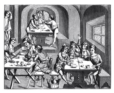 Interieur van een herberg, naar een houtsnede in een folio-editie van Virgil, gepubliceerd Lyon, 1517 door French School