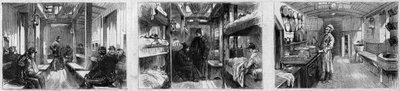 Interieur van de ambulancewagen en keukenwagen van een medische trein van de Franse Société de secours aux blessés militaires. Gravure in 