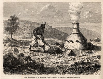 IJzerertsraffinage in Fouta Djalon, Senegal, tekening van Hadamard, ter illustratie van de reis van luitenant Lambert naar Fouta Djalon in 1860. Gravure in "Le tour du monde" 1861. Selva