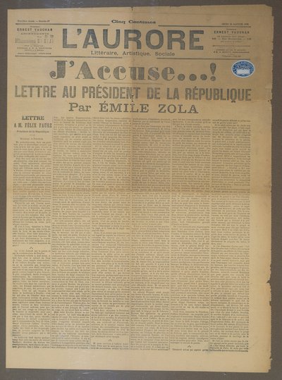 JAccuse brief door Emile Zola, gepubliceerd in LAurore, 13 januari 1898 door French School