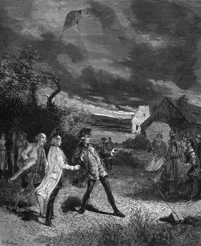 Jacques de Romas (1713-1776), Franse natuurkundige, experimenteert met een vlieger om atmosferische elektriciteit op te vangen in 1752. door French School