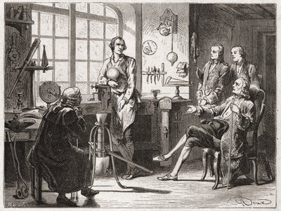James Watt (uitvinder van de stoommachine in 1769) in zijn winkel in Glasgow - in 
