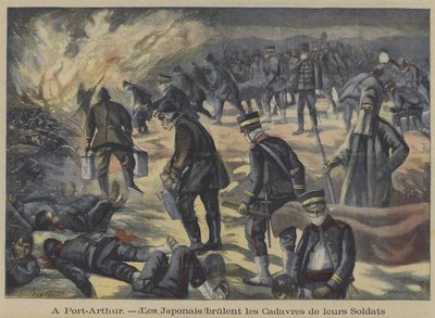 Japanse soldaten verbranden de lichamen van hun dode kameraden gedood bij het Beleg van Port Arthur, Russisch-Japanse Oorlog door French School