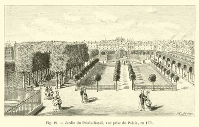 Tuin van het Palais-Royal, gezien vanaf het paleis, in 1774 door French School