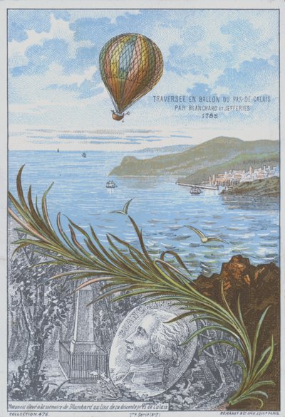 Jean-Pierre Blanchard en John Jeffries maken de eerste ballonvlucht over het Engelse Kanaal, 7 januari 1785 door French School
