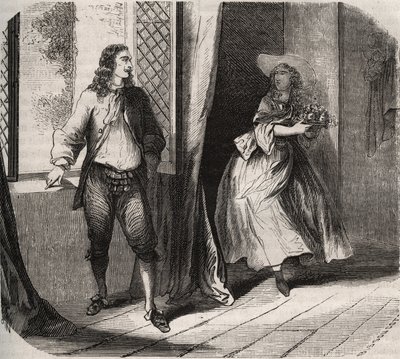 Jean Baptiste (Jean-Baptiste) Poquelin, genaamd Moliere (1622-1673) stelde voor aan de comédienne Mademoiselle de Brie (Catherine Leclerc du Rose) door French School