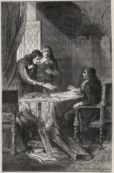 Jean Chapelain (1595-1674) Franse dichter en literair criticus en Pierre Costar (1603-1660) gaven Jean Baptiste Colbert (1619-1683) een lijst van schrijvers die een pensioen van de koning verdienen - gravure in 