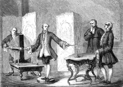 Jean JALLABERT (1712-1768), Zwitserse natuurkundige, ontdekt elektriciteit op scherpe voorwerpen (Kracht van de Punt door FRANKLIN). gravure 1867 door French School