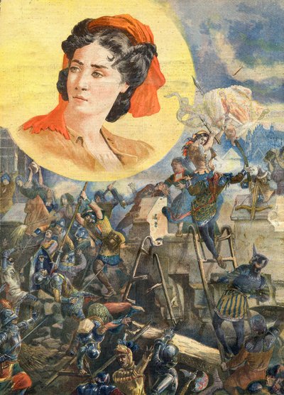 Jeanne Laisne (1456-?), bekend als Jeanne Fourquet, bijgenaamd Jeanne Hachette Franse heldin - Jeanne Hachette bij het Beleg van Beauvais 1472 - Illustratie voor Le Petit Journal, 8 januari 1894 door French School