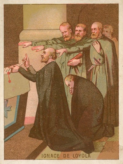 Jezuïet priester Sint Ignatius van Loyola knielt bij een altaar door French School