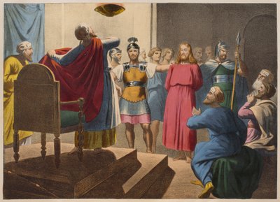Jezus Christus voor Kajafas, illustratie uit een catechismus L