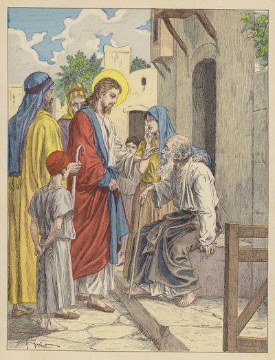 Jezus geneest de blinde man (kleurenlitho) door French School