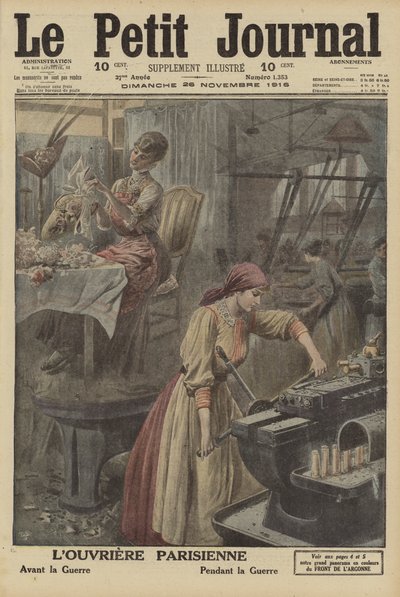 Werk van Parijse werkneemsters voor en tijdens de Eerste Wereldoorlog (kleurenlitho) door French School