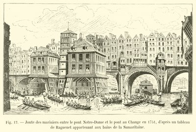 Roeiwedstrijd van de schippers tussen de Pont Notre-Dame en de Pont au Change in 1751, naar een schilderij van Raguenet behorend tot de baden van de Samaritaine door French School