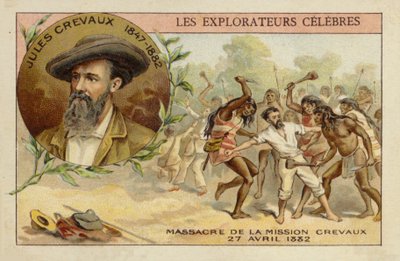 Jules Crevaux (1847-1882) aan de oevers van de Rio Pilcomayo in Argentinië op 27 april 1882 door French School