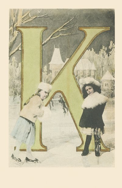 Twee meisjes, glijdend en schaatsend in de winter door French School