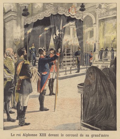 Koning Alfonso XIII van Spanje voor de kist van zijn grootmoeder, koningin Isabella II (kleurenlitho) door French School