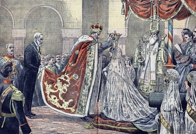 Koning Ferdinand I van Roemenië kroont zijn koningin door French School
