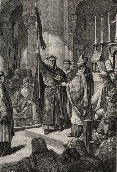 Koning Lodewijk VII (1120-1180) neemt de oriflamme in de Basiliek van Saint Denis (Saint Denis) in aanwezigheid van koningin Alienor van Aquitanië en ontvangt de hommel en pannetiere van de pelgrim uit de handen van paus Eugenius III (? -1153) voor zijn ve door French School