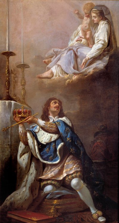 Koning Lodewijk XIII biedt zijn kroon aan de Maagd aan. Schilderij van de Franse School. 17e eeuw. Versailles. Kerk van Onze-Lieve-Vrouw van Versailles door French School