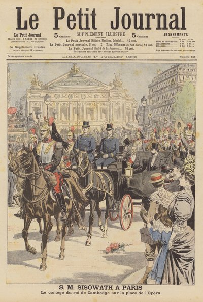 Koning Sisowath van Cambodja op bezoek in Parijs (kleurenlitho) door French School